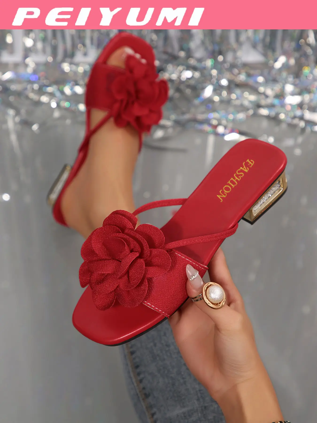 Summer Women's Low Heel Strappy Sandals, Casual Fashion Sandals, PU Leather, 3D Flower Decoration, Embellished Sandals, Comfortable Mid-Low, Easy Wear, Suitable for Beach Casual Parties, Rubber