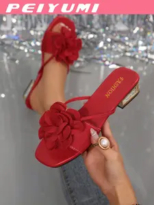 Summer Women's Low Heel Strappy Sandals, PU Leather, 3D Flower Decoration, Comfortable Mid-Low, Easy Wear, Suitable for Beach Casual Parties, Rubber