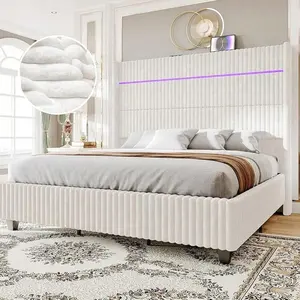 Upholstered Platform Bed Frame With LED Lights, 60" Tall Wingback Headboard & Charging Station – No Box Spring Required
