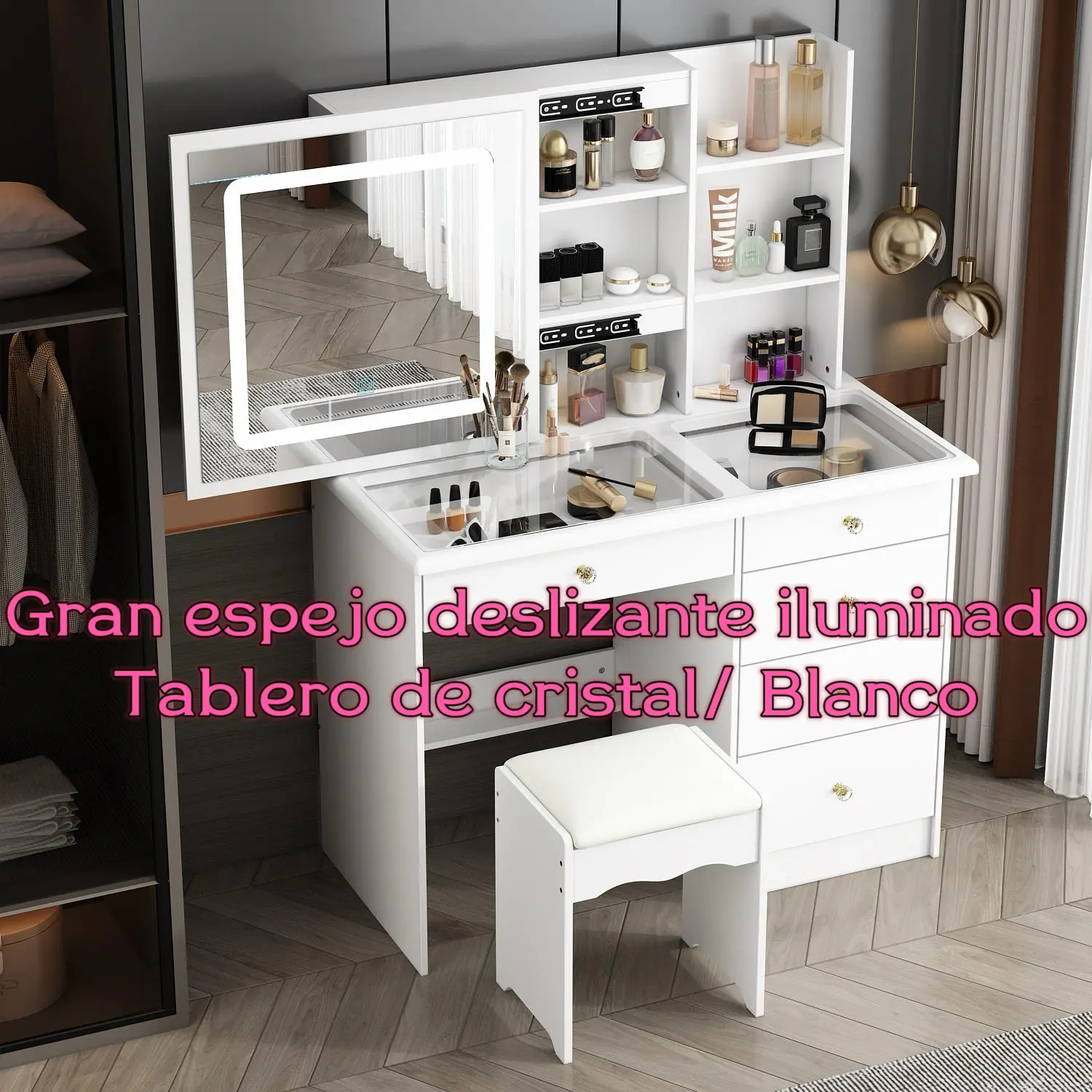 Large Sliding Lighted Mirror & Glass Top&/ White