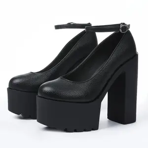 Black Women's Faux Rubber Mary Jane Pumps Round Closed Toe Chunky Block High Heel with Strap for Elegant Footwear