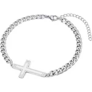 Silver Cross Bracelet for Men Teens, Stainless Steel Cuban/Figaro Cross Chain Link Bracelet 5mm 7+2 Inches, Christian Religious Jesus Confirmation Jewelry Gifts for Him