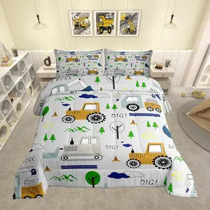 Construction Comforter Set Equipment Trucks Bedding Set for Kids Boys Construction Vehicles Duvet Quilt Excavator Tractor Bedroom Decor Cartoon Car Grey