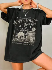Gothic Bookish "Anti-Social Book Club" Graphic Tee - Vintage Edgy Literary Fitted Casual Everyday Fashion Statement T-Shirt
