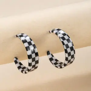 Exaggerated Large Circle Black White Checkered C-shaped Drop Earrings for Women Acetic Acid Resin Geometric Jewelry Gift