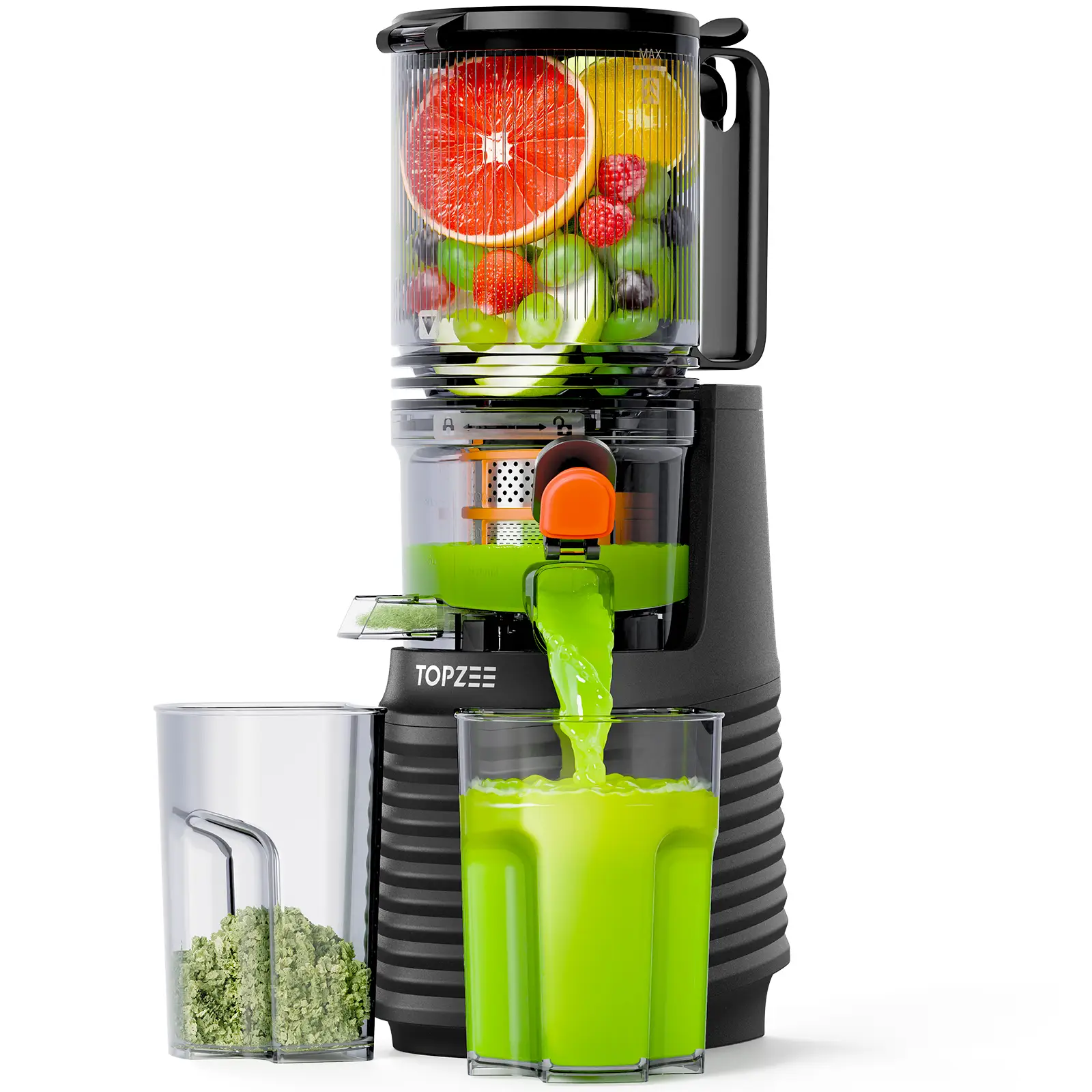 Large Caliber Cold Press Juicer, Detachable Bidirectional Filter Masticating Juicer Machines with Juice Cup, 65RPM, Dishwasher Safe, Grey