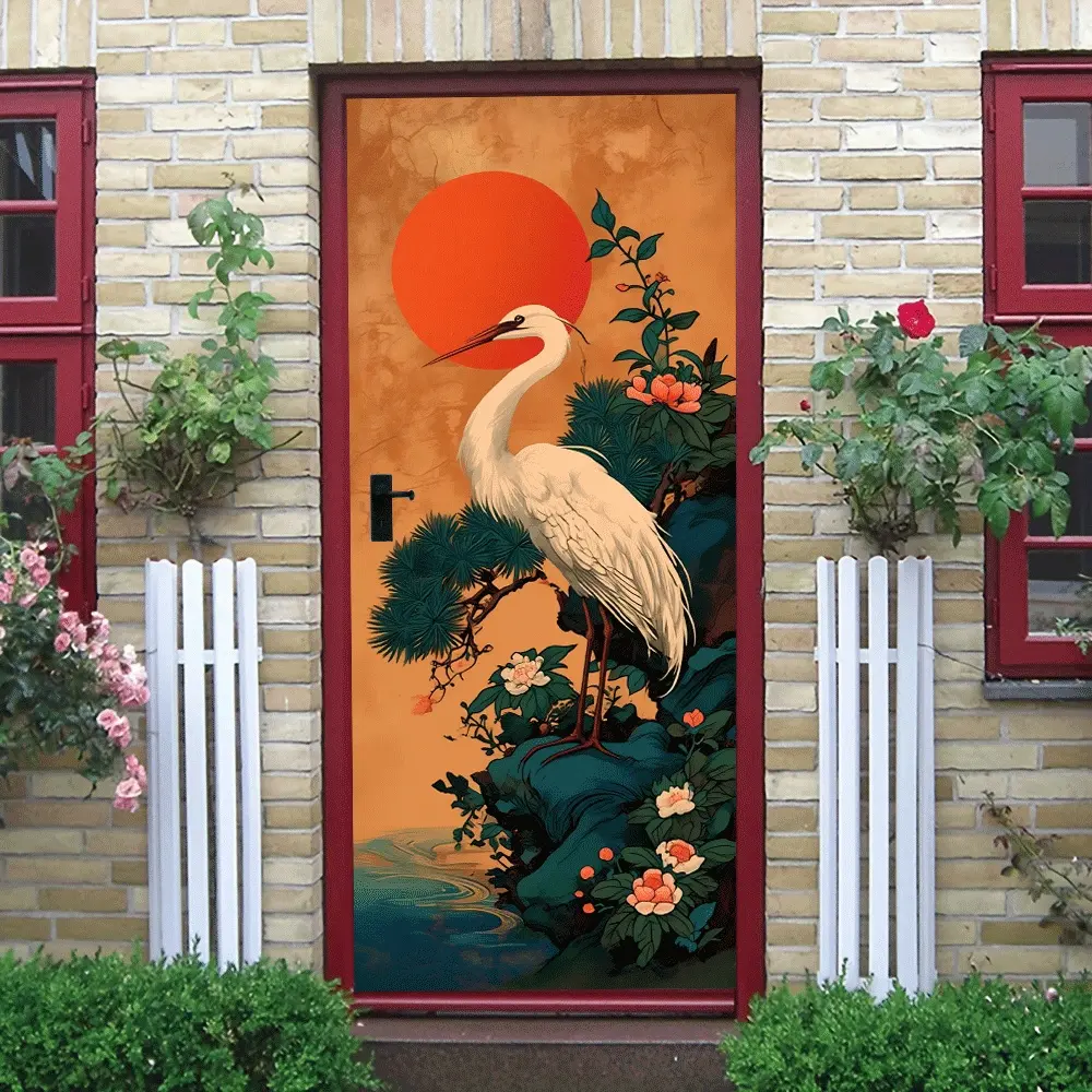 2pcs Chinese Style Crane Wall Stickers Traditional Zen Landscape Red Sun Decorative Stickers for Living Room Bedroom Study Self Adhesive Removable Murals Classical Oriental Home Decoration Art Decals