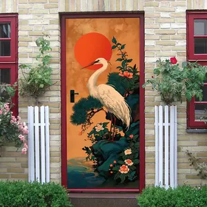 2pcs Chinese Style Crane Wall Stickers Traditional Zen Landscape Red Sun Decorative Stickers for Living Room Bedroom Study Self Adhesive Removable Murals Classical Oriental Home Decoration Art Decals