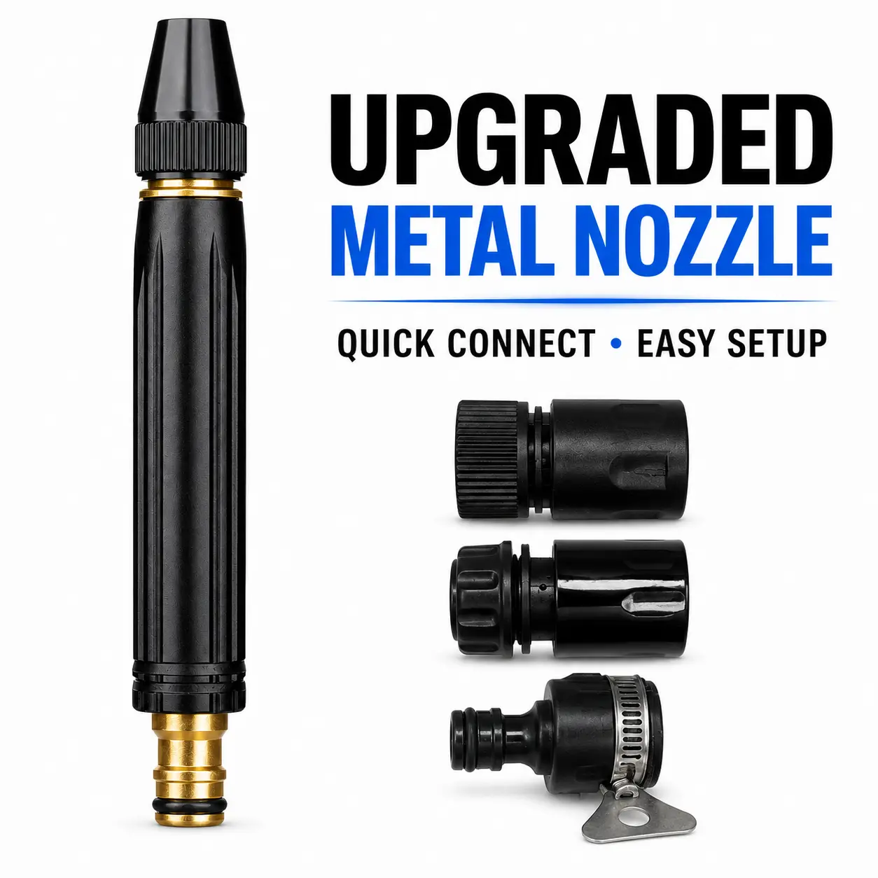 Metal Garden Hose Nozzle with Metal Body, Adjustable Jet-Fan Spray Tip, Compact Quick-Connect Water Sprayer for Cars, Gardens