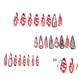 24 PCS Extra Long Teardrop-shaped Wearable Nail Art, Terrifying Angel Nail Art, 3D Blood-colored Fake Nails