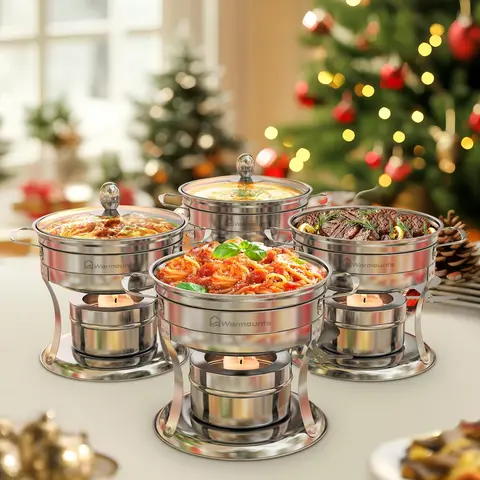 [FallDealsForYou] WARMOUNTS 1QT Mini Chafing Dishes for Buffet, 4 Pack Stainless Steel Round Buffet Servers and Warmers with Glass Lid, No Assembly Required, Hot or Cold Serving for Solo Dinners, Date Nights, Small Family Gatherings & Afternoon Tea