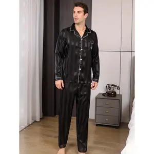 Men's Plus Size Maroon Striped Satin Pajama Set - Long Sleeve & Pants, "LOVE", Button-Down, Casual Loungewear for All Seasons, Loungewear for Men|Satin Finish Sleepwear| Detailing, Plus Size Pajama Set, PLUS SIZE