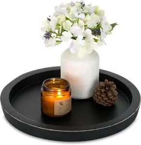 Black Round Decorative Coffee Tray: Hanobe Wooden Trays for Coffee Table Centerpieces Dining Room Circle Wood Ottoman Serving Tray for Bathroom Kitchen Counter Candle Holder