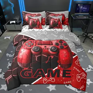 Gaming Theme 7-Piece Bedding Set - All Seasons Microfiber Quilt Bedding, Multi-Size Reversible Comforter, 3D Gamepad Design, Red Neon Hexagon Patchwork, Unique Bedding Sets for Gamer Gifts