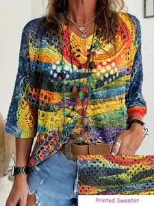 Women's V Neck Seven-Quarter Sleeve Hollow Out Knit Sweater, Ethnic Style Oil Painting Sunflower Print, Casual Loose Fit Top for Spring Summer