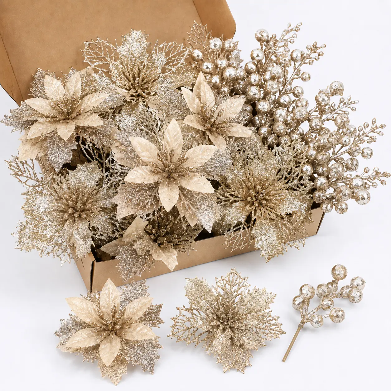 18PCS Champagne Gold Glitter Christmas Floral Picks Set, 12 Artificial Poinsettia Flower Ornaments and 6 Berry Stems for Christmas Tree, Wreath, Garland, Holiday Party and Home Decor