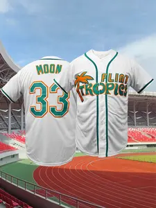Embroidered Flint Tropics #33 Moon Baseball Jersey, Classic Movie Jersey, Unisex Breathable Comfortable Button Down Shirt