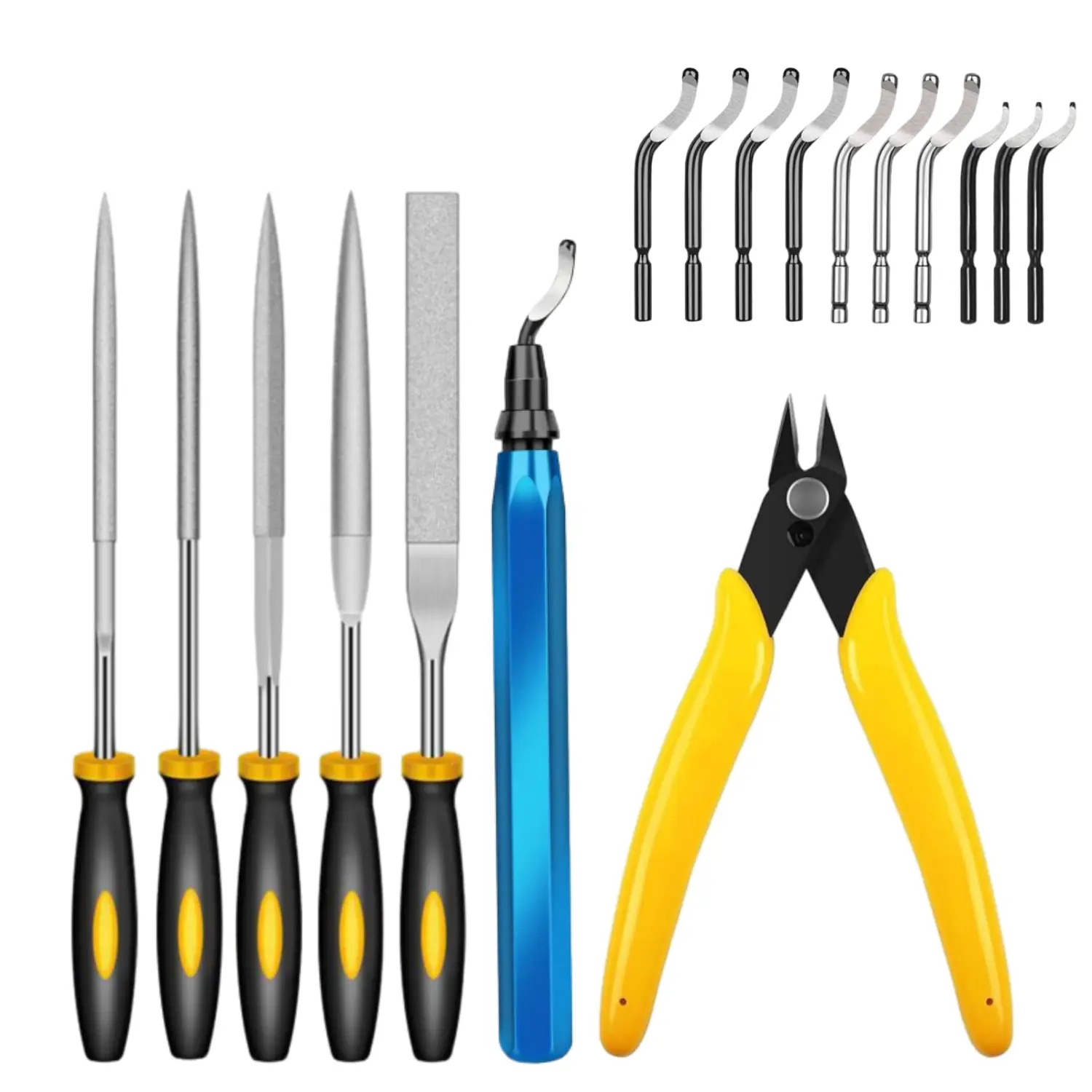 3D Printing Deburring Tool Set - 5.5 In Anti-Rust High-Speed Steel 360° Rotating Head, 10 Multi-Use Blades, 5 Needle Files, 1 Micro Flush Cut Pliers/Wire Cutter for 3D Prints, Plastic/Metal Projects, Handicrafts, 5.5 Inches