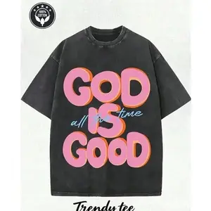 Washed Pure Cotton T - Shirt, Men'S Casual Fashion, With 'GOD IS GOOD All The Time' Words Print, Outdoor Sports T - Shirt |   Loose Fit |   Soft Knitted T - Shirt W5M