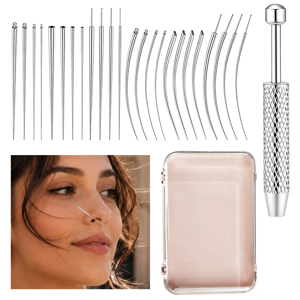 25-Piece Stainless Steel Ear Helper Tool Kit - Includes Guide Needle, Clamping Tool, Storage Box - Suitable for Ear Studs, Lip Studs, Quick Wear