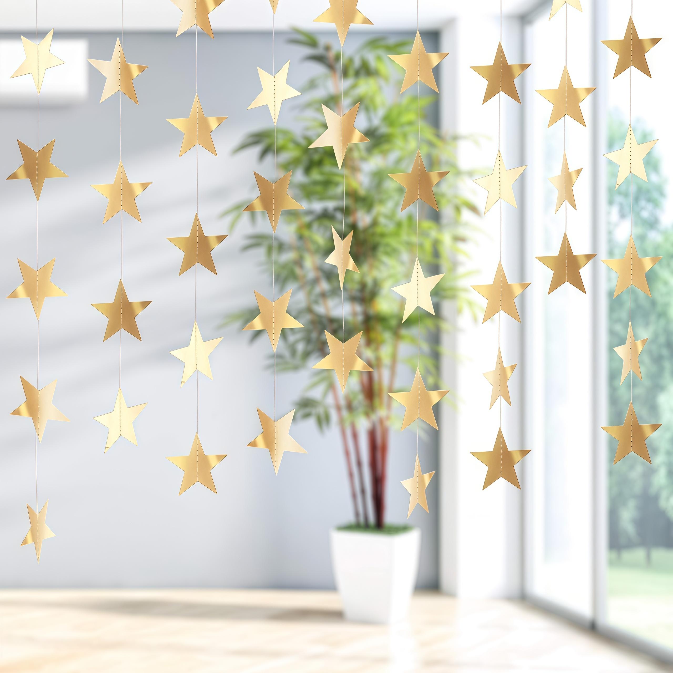 Champagne Gold 2-Sided Paper Glitter Star Garland Banner, 130-ft 2.75-in Lightweight Mountable Wall Hanging Twinkle Backdrop, Festive Home & Wedding Supplies Ornament with Pouch for Birthday Decor