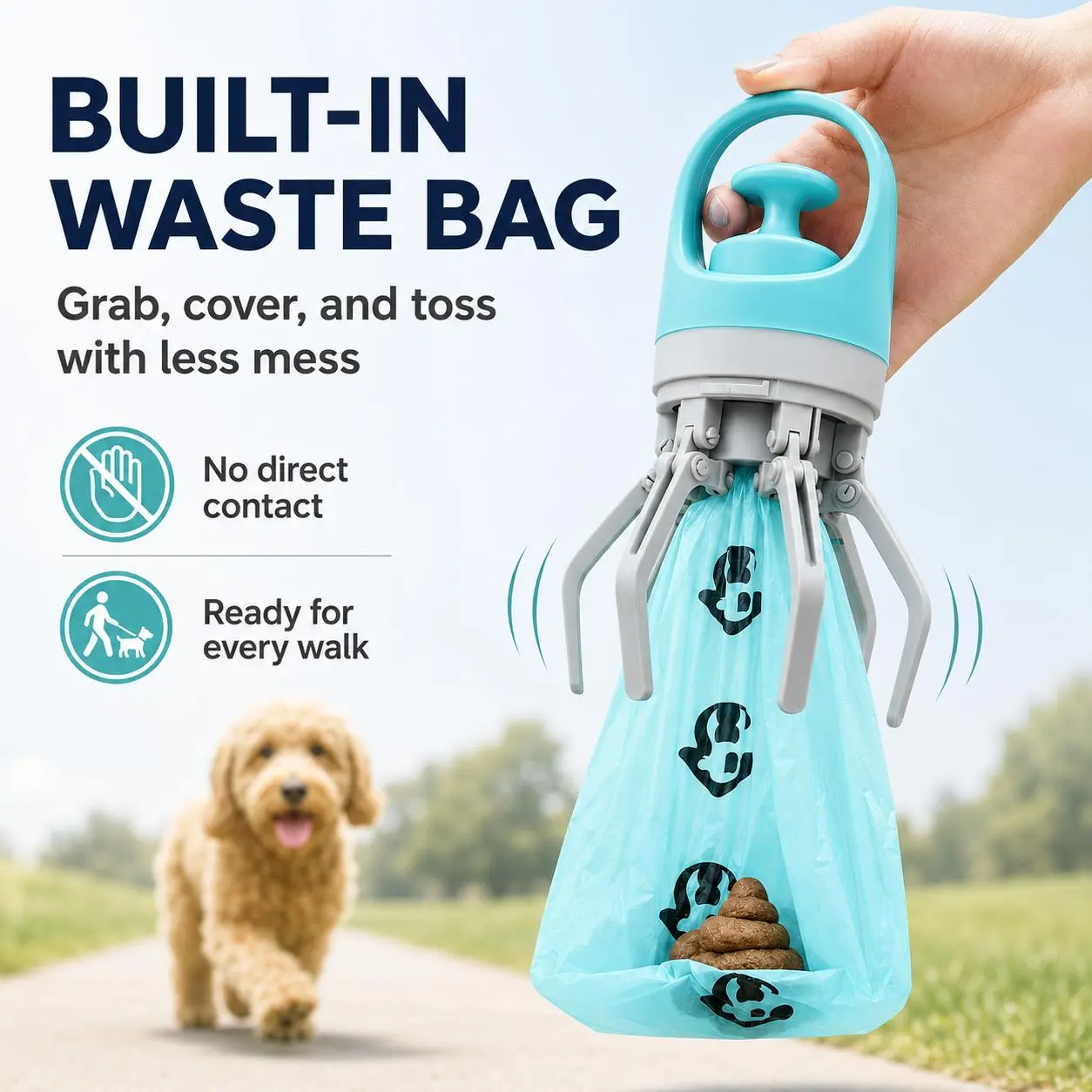 Portable Pet Poop Scooper with Built-in Waste Bag, 6-Claw Dog Waste Pickup Tool for Outdoor Walks