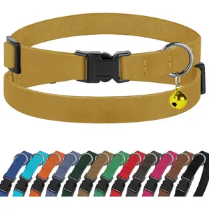 Breakaway Cat Collar Leather with Removable Bell - 13 Colors Available - Soft Adjustable Girl Boy Safety Lightweight Pet Kitten Collars Pink Brown Blue Green Red Orange Black (Mustard)