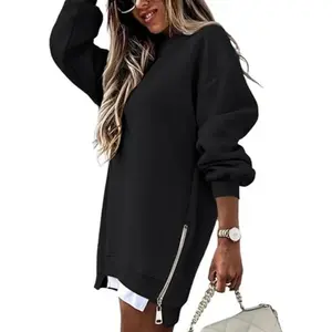 2026Women's Long Sleeve Pullover Sweatshirt Zipper Split Casual Dress Drop Shoulder Oversized Clothing