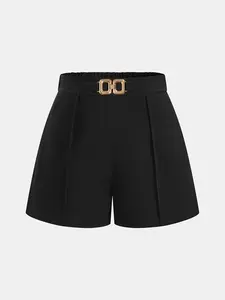 High-Waisted Women's Shorts with Gold Buckle Belt Relaxed Fit Elegant Office Casual Summer Short Pants Womenswear