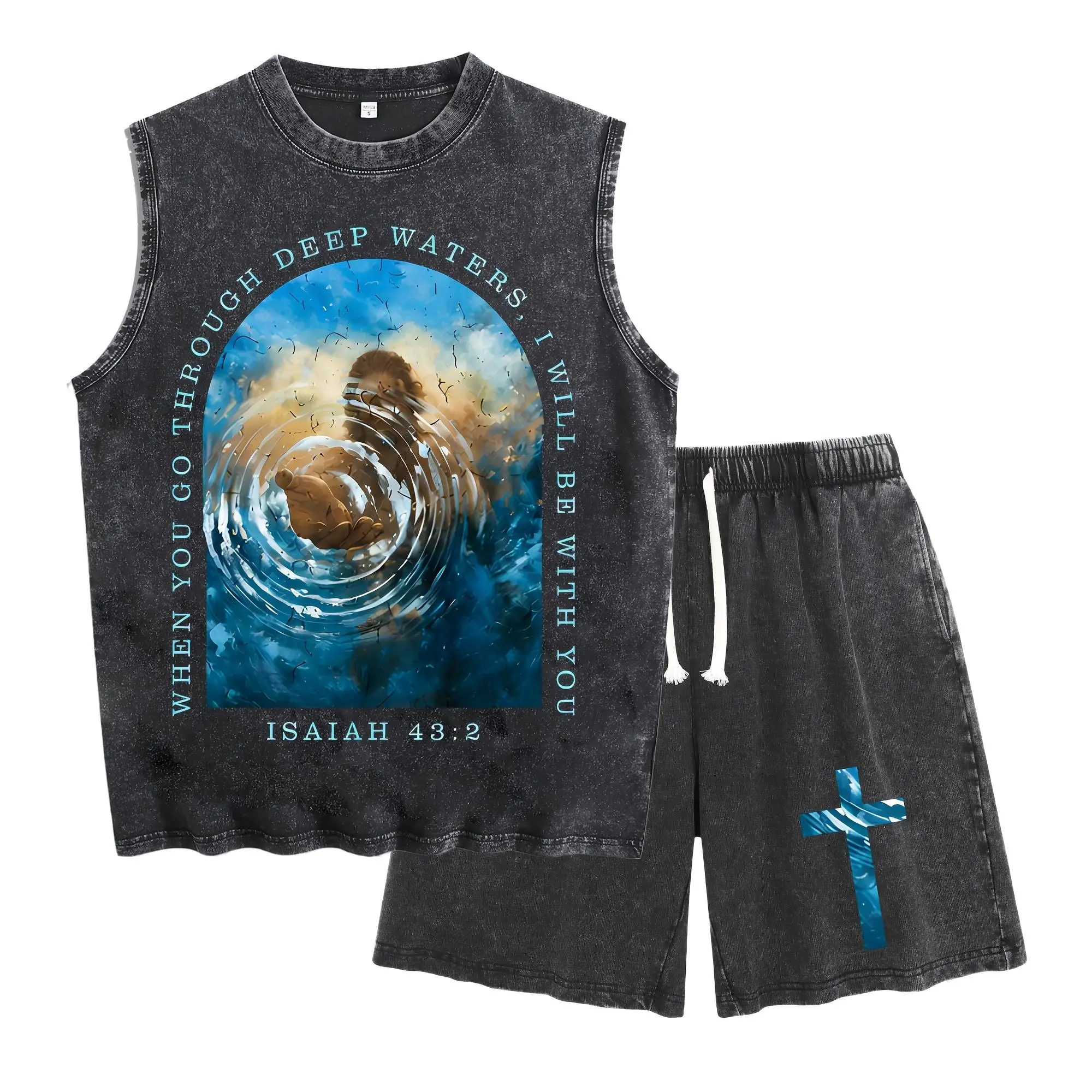 When You Go Through Deep Waters I Will Be With You Isaiah 43:2 Watercolor Jesus Hand Print Vintage Washed Tank Top Shorts Matching Set Christian Bible Verse Summer Casual Two Piece Outfit
