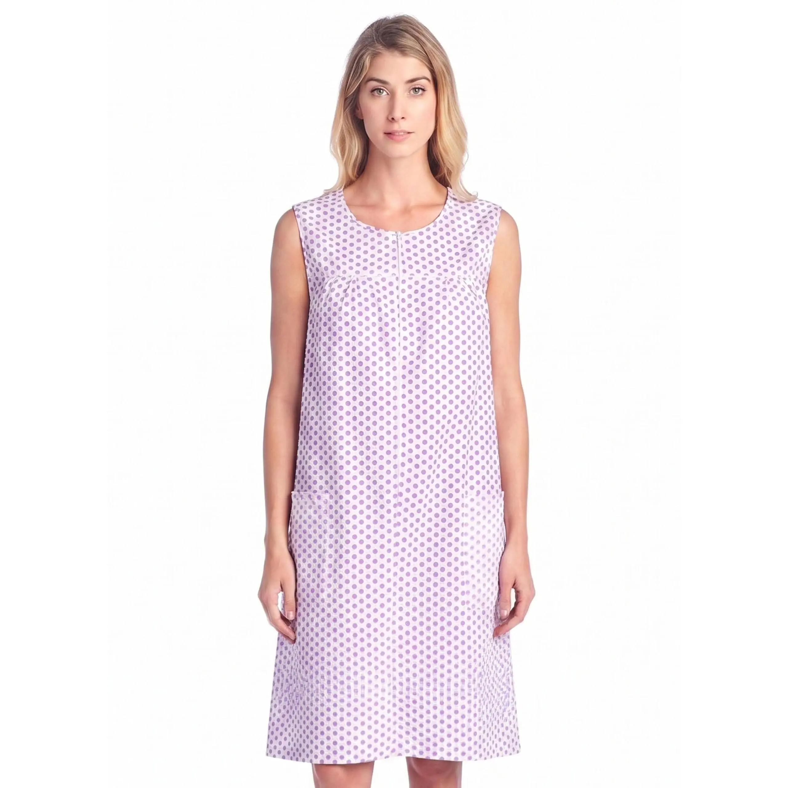 Casual Nights Women's Sleeveless Polka Dot Cotton Night Gown, Zipper-Front Maternity Hospital Gown & House Coat Duster, Maternity Nightgown, Pullover Tank Gown