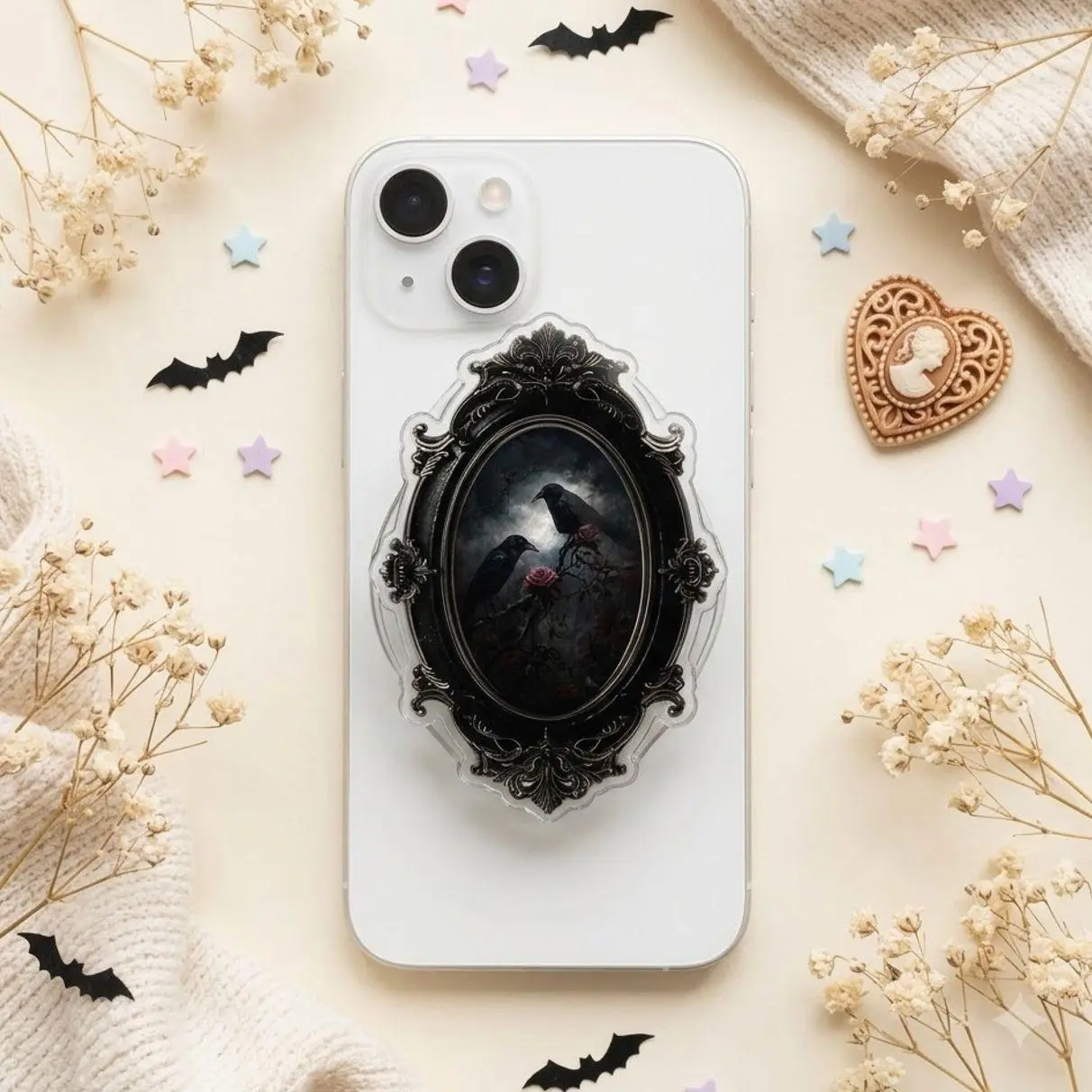 Gothic Black Crow Acrylic Phone Grip, Raven Phone Holder, Expandable Phone Stand, Dark Cottagecore Alternative Aesthetic Accessory Compact Durable