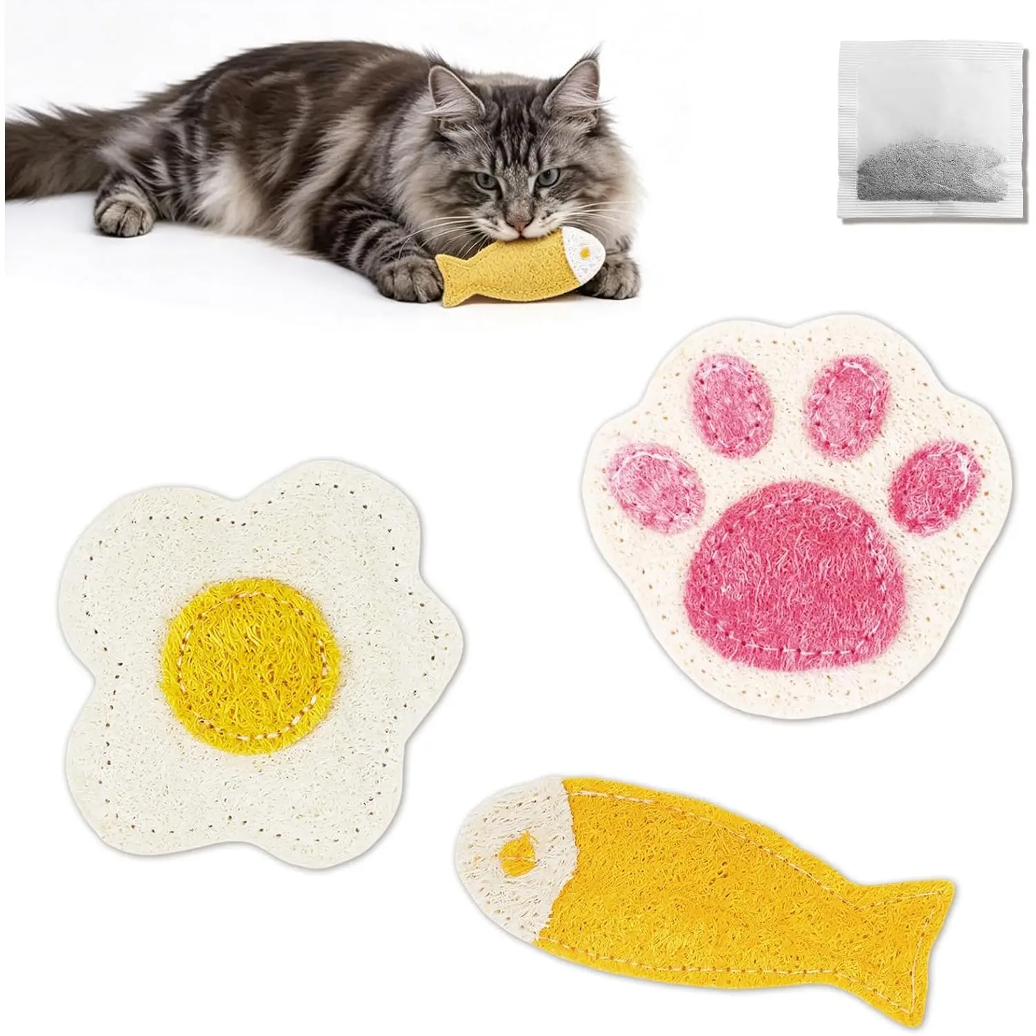 Cat 3-Pack Natural Loofah Chew Toy - Safe Chewing, Universal Dental Care & Teething Accessory for Cats