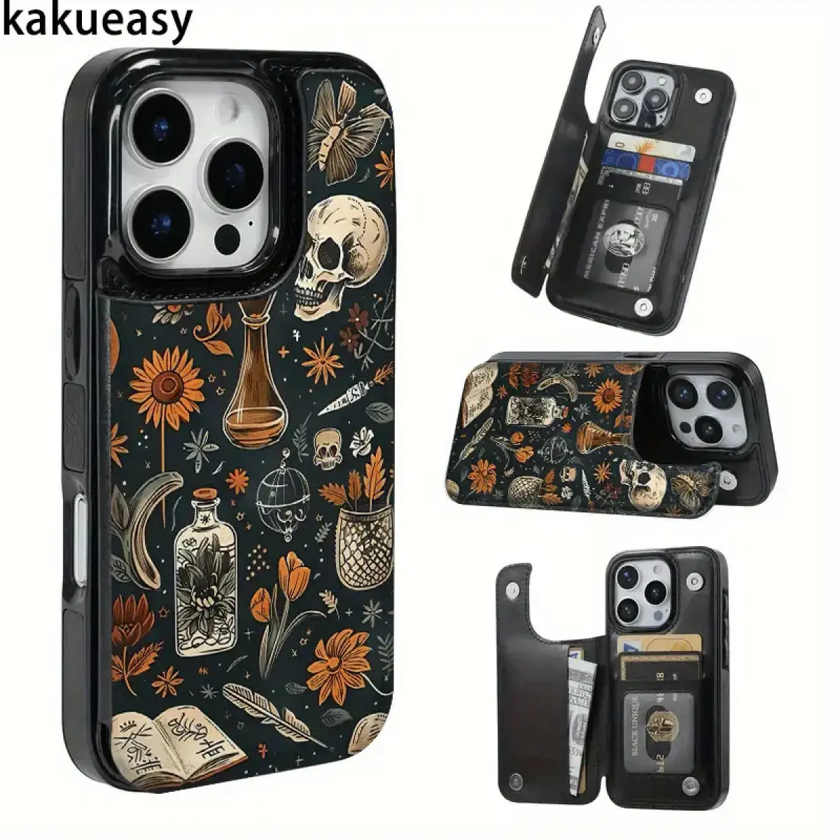 Gothic Occult Skull Sunflower Card Holder Phone Case for iPhone 17/16/15/14/13/12 Pro/Plus/Pro Max/Air Faux Leather Shockproof Protection Durable Cellphone Casing