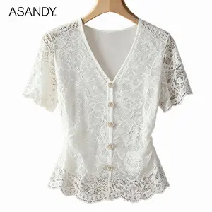 ASANDY Women's Floral Lace V-Neck Peplum Blouse - Short Sleeve Non-See-Through Lined Top with Decorative Buttons, Elegant Casual & Office Wear Shirts, Women's Clothes, Clothes