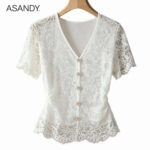 ASANDY Women's Chic Floral Lace Blouse - Flattering Short Sleeve V-Neck Peplum, Lined for Casual Office Wear