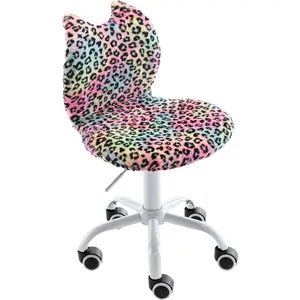 Modern Cute Cat  Desk Chair, Comfortable Fuzzy Small Desk Chair  Ergonomic Adjustable Swivel Computer Chair,Hello Kitty Vanity Chair Study Rolling Stools with Wheels, Leopard   bedroom makeup chair