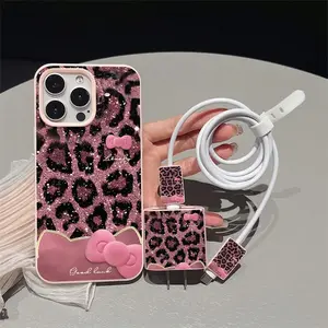 Pink Leopard Print Pattern Phone Case with Charger Head Cover & Cable Protector & Storage Rope, Anti-drop Durable Phone Case for iPhone, Shockproof for iPhone 16 15 14 13 12 11 Pro Max Plus