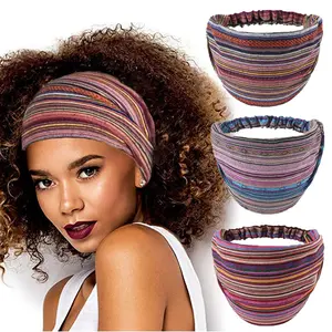 Soft Stretch Cotton Sports Headbands 3 Pack Boho Wide Turban African Stripe Hair Accessories for Women Girls Workout Yoga Comfort Athletic Style