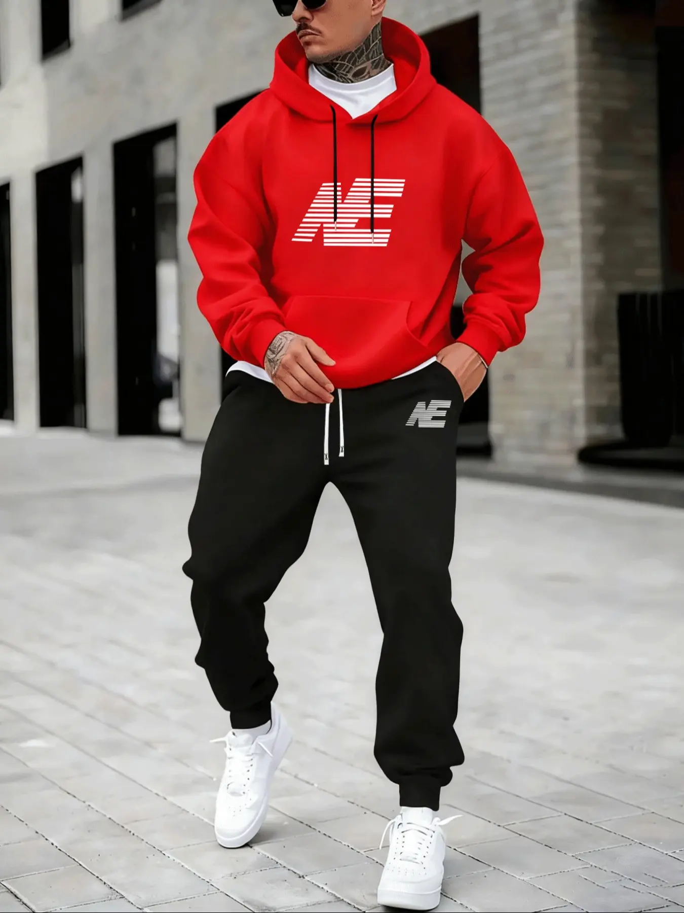 Hypemode Plus Size Set, Menswear Letter Print Geometric Hoodie & Long Sleeves Jogger Pants with Pockets, Casual Style, Comfortable Fit, Loose Fit, Daily Wear, Fall & Winter Fashion