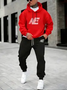 Hypemode Plus Size Set, Menswear Letter Print Geometric Hoodie & Long Sleeves Jogger Pants with Pockets, Casual Style, Comfortable Fit, Loose Fit, Daily Wear, Fall & Winter Fashion