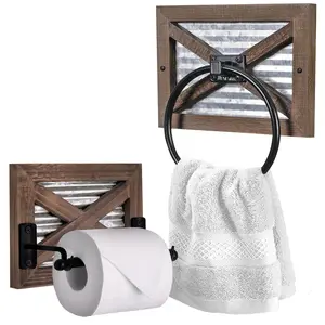Autumn Alley Rustic Barn Door Bathroom Towel Ring & Toilet Paper Holder Set - Wood & Metal - Country Style - 6" Black Towel Ring - Easy Installation