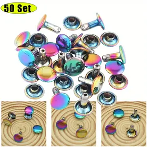 50PCS Rainbow Tubular Double Cap Rivets - 9mm Rainbow Metal Button Round Rapid Rivet, Rivet Studs for Purse Bags Handbags Shoes Belts Leather Craft Repair