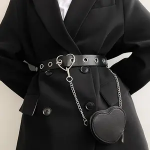 Y2K Punk Style Black PU Leather Belt with Detachable Heart Chain Fanny Pack - Stylish Accessory for Dresses, Coats, and Jackets, Perfect for Parties, Casual Outings, and Everyday Use