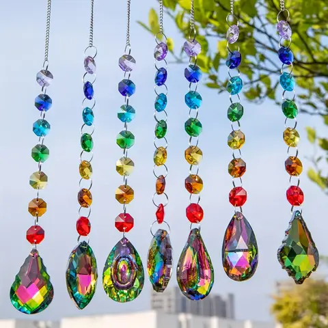 7-Piece Colorful Crystal Decorative Sun Catcher Set, Handmade Prism Pendants, Hooks for Windows, Garden, Christmas & Wedding Decorations, Outdoor Wind Chimes, Garden Accessories