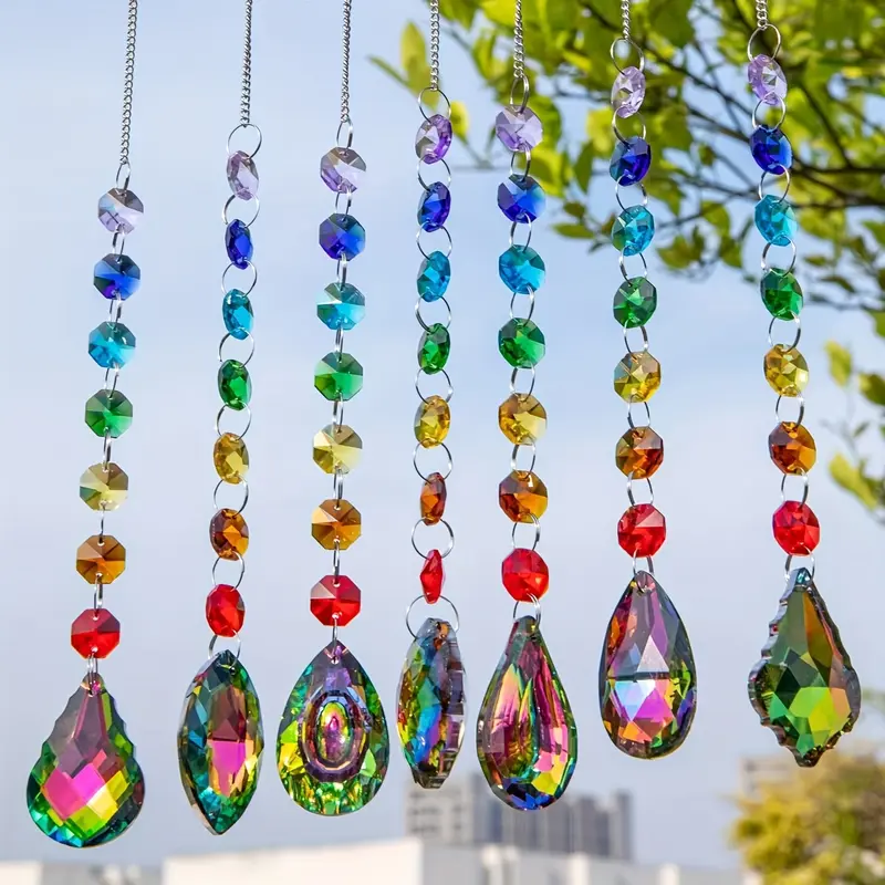 7-Piece Colorful Crystal Decorative Sun Catcher Set, Handmade Prism Pendants, Hooks for Windows, Garden, Christmas & Wedding Decorations, Outdoor Wind Chimes, Garden Accessories