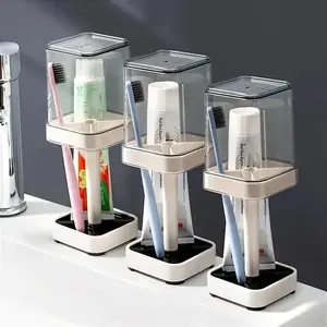 Toothbrush Holder with Cup, Dustproof Toothbrush Holders, 1 Count Toothbrush & Toothpaste Storage Rack, Bathroom Countertop Toothbrush Organizer for Home Dormitory Hotel