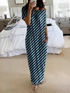 Women's Comfortable Loose-Fit Stripe Short Sleeve Nightgown, Casual Aesthetic Home Wear Loungewear for All Seasons, Soft Round Neck Sleepwear with Batwing Sleeves