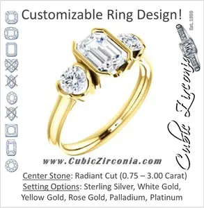 Cubic Zirconia Engagement Ring- The Lula (Customizable 3-stone Bezel Design with Radiant Cut Center and Round Cut Accents)