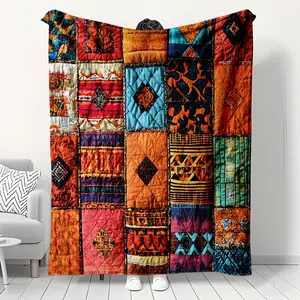 Boho Patchwork Print Flannel Blanket, Soft Skin-Friendly No Shedding, Sofa Bedroom Nap Cover, Vintage Exotic Style Unique Gift